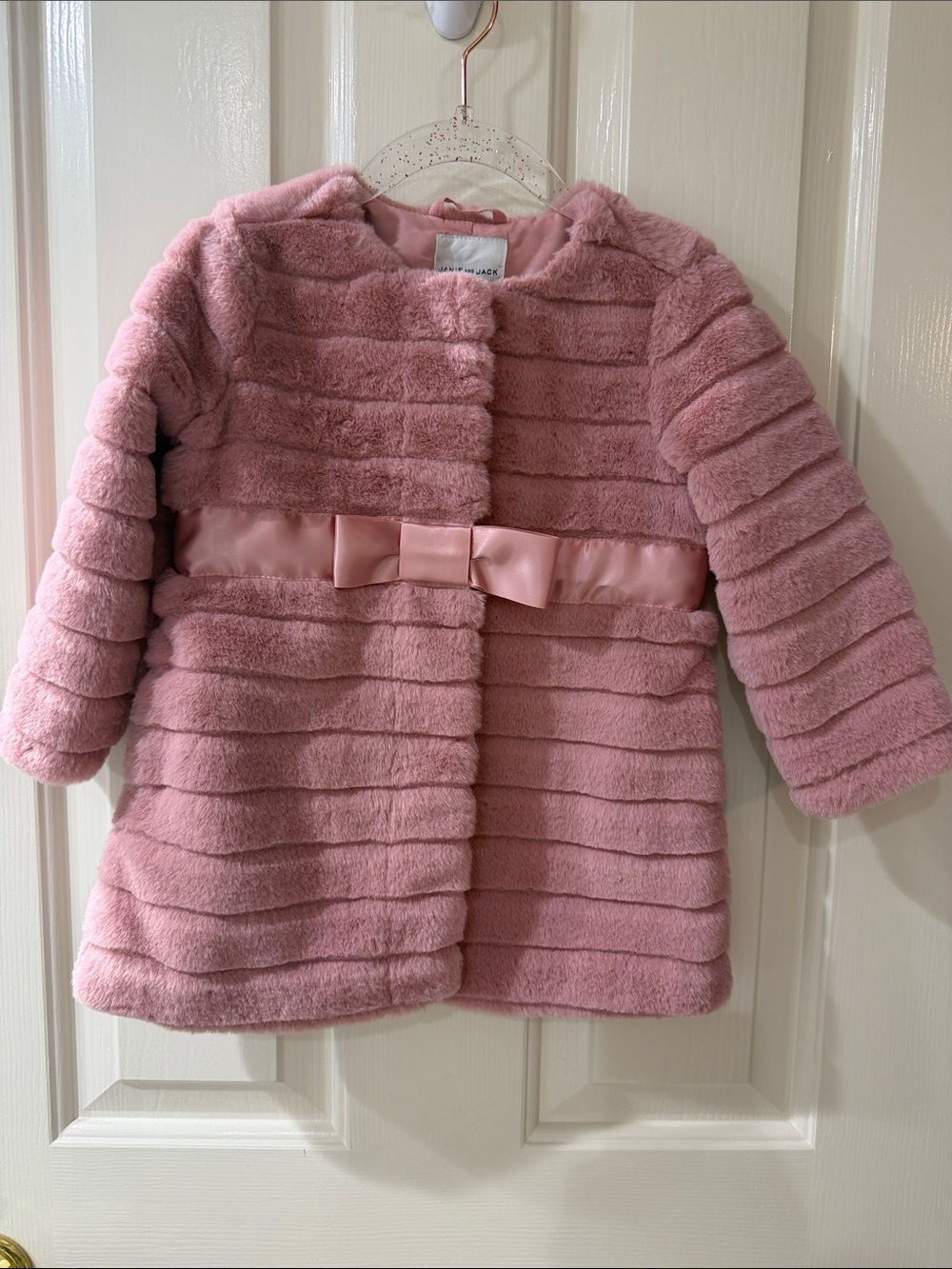 Like New 18-24 month Janie and Jack Pink Faux Fur Bow-Trim Coat